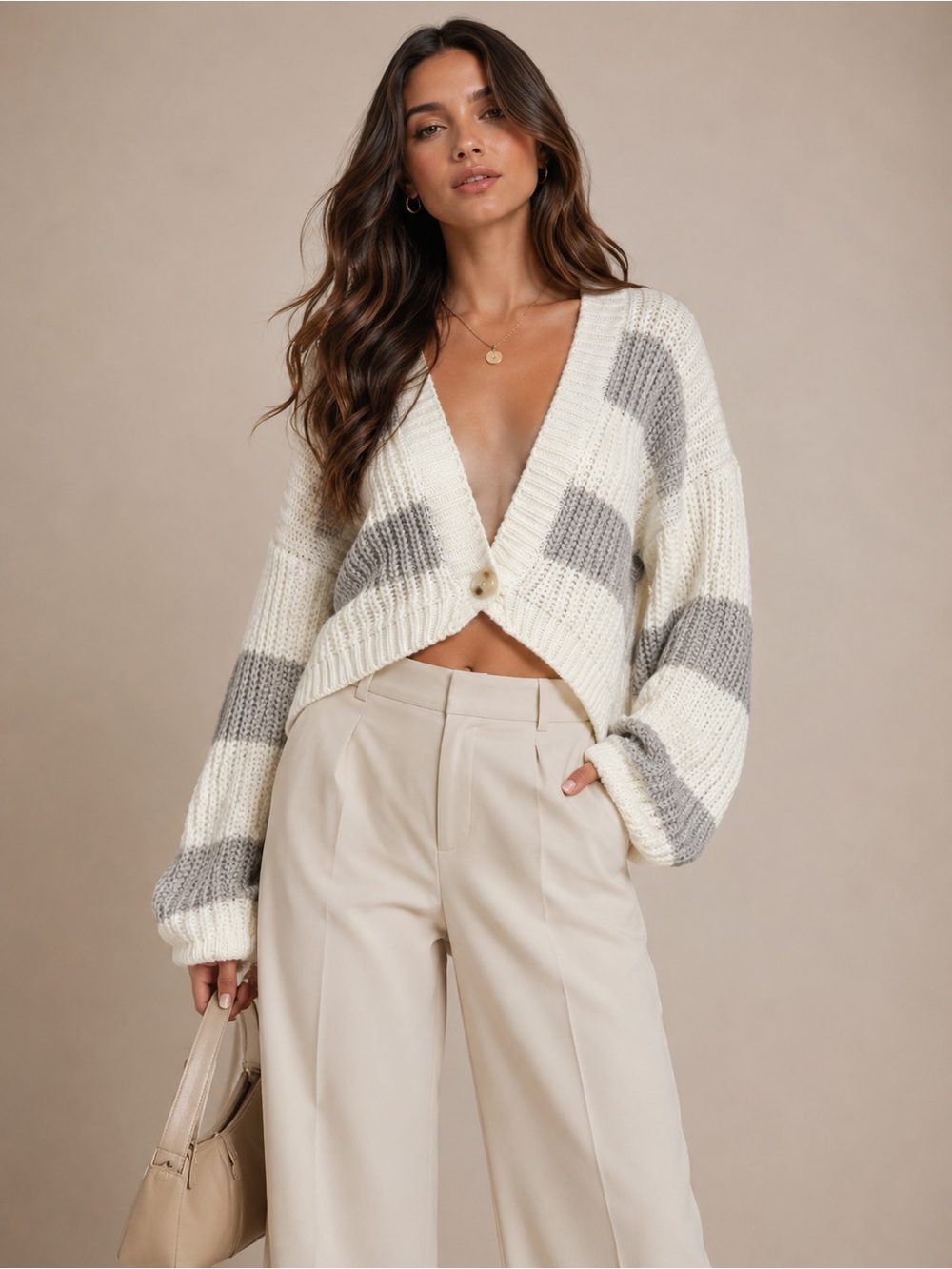 NWT Cropped Ivory and Light Gray Stripe V-Neck Sweater Cardigan